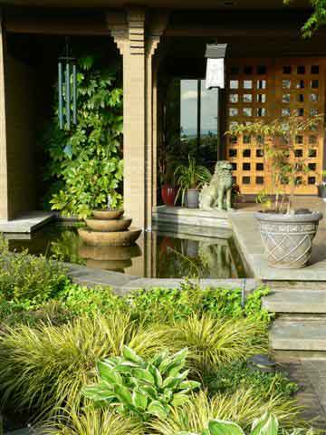 The front door and entry pond